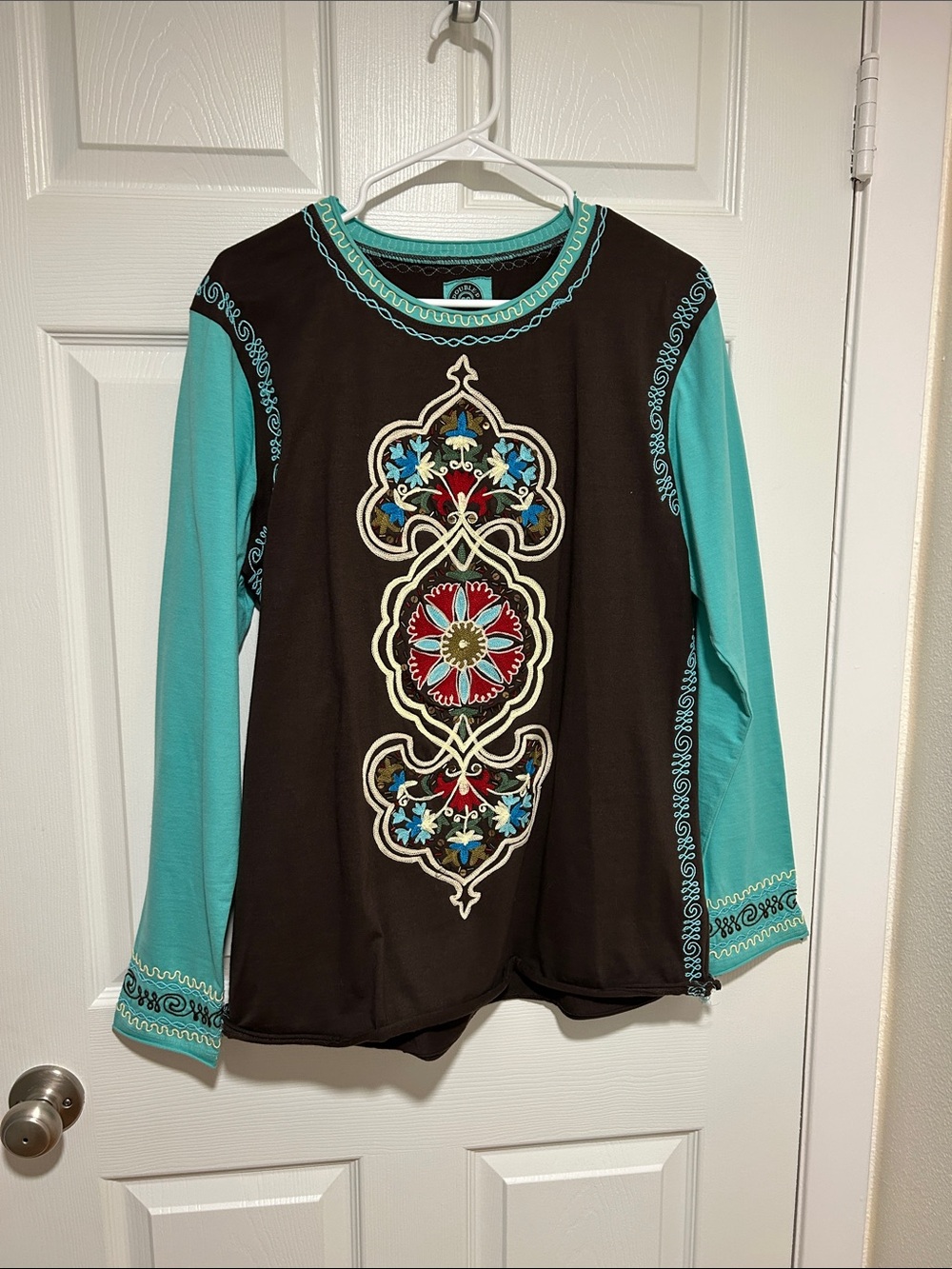 Double D Ranch Brown Top with Teal Sleeves and Embroidered Medallion